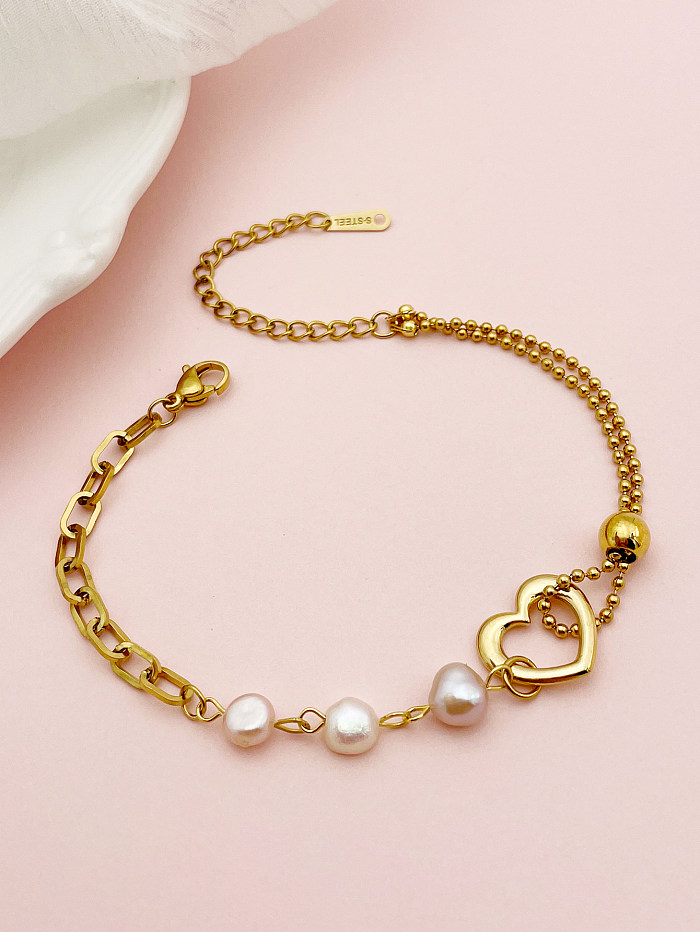 Pulseras chapadas en oro de 14 quilates con dije de perla de imitación de acero inoxidable con forma de corazón para mujer