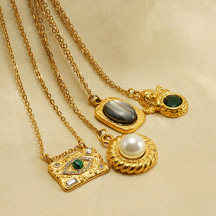 Collier Long avec pendentif en forme d'oeil ovale rétro, incrustation de perles en acier inoxydable, plaqué or 18 carats