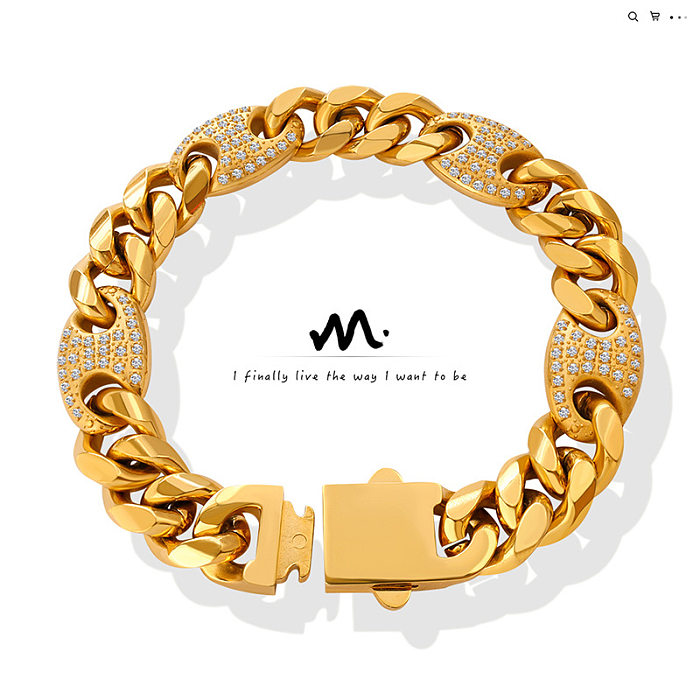 Fashion Inlaid Diamond Cuban Chain Titanium Steel Gold-Plated Bracelet