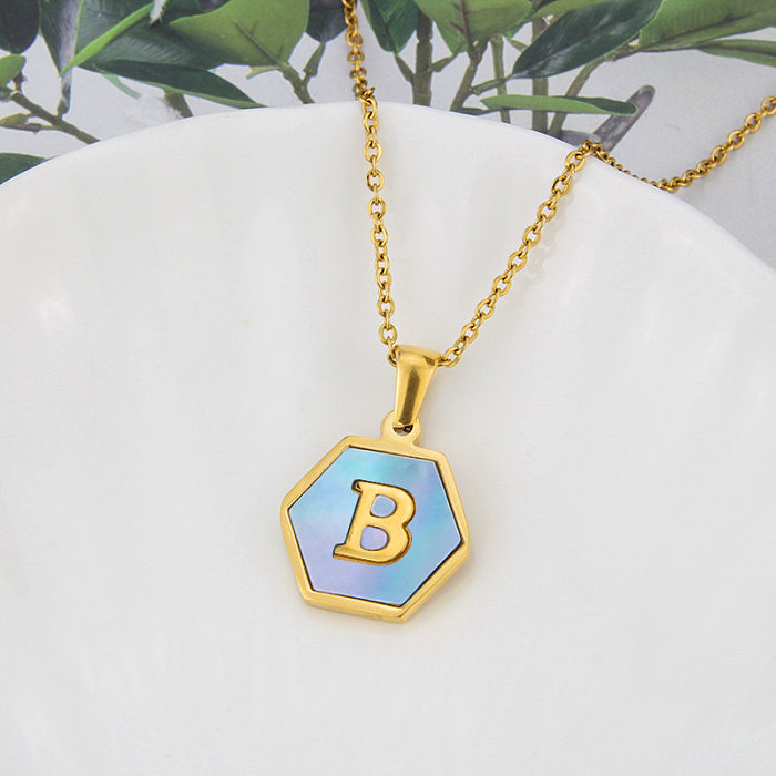Wholesalejewelry Mode sechseckige blaue Muschel 26 Buchstaben Anhänger Edelstahl Halskette Schmuck