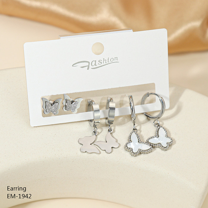 3 Paires Style Simple Ailes d'Ours Papillon Placage Incrustation de Strass en Acier Inoxydable Coquille Plaqué Or Rose Plaqué Or Boucles d'Oreilles Plaquées Argent