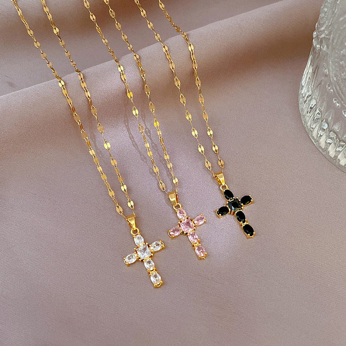 Fashion Cross Stainless Steel Copper Plating Inlay Zircon Pendant Necklace