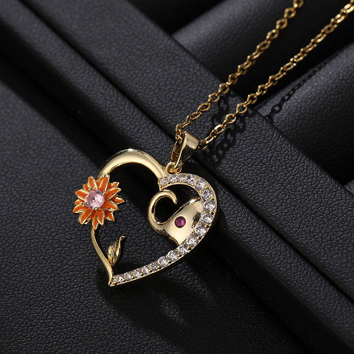 Modern Style Heart Shape Elephant Stainless Steel Inlay Artificial Diamond Pendant Necklace