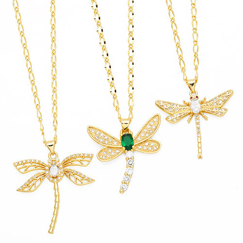 Casual Simple Style Dragonfly Stainless Steel  Copper Plating Inlay Zircon 18K Gold Plated Pendant Necklace Long Necklace