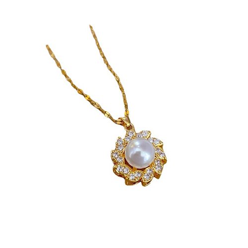 Sweet Flower Stainless Steel  Copper Plating Inlay Pearl Zircon Pendant Necklace 1 Piece