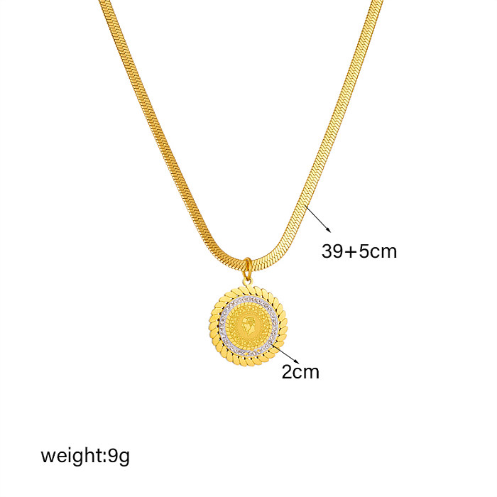 Vintage Style Round Stainless Steel Plating Inlay Rhinestones 18K Gold Plated Pendant Necklace