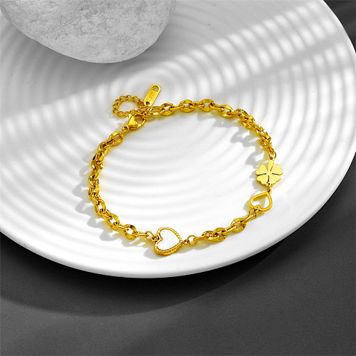 Simple Style Four Leaf Clover Heart Shape Titanium Steel Inlay Shell Bracelets