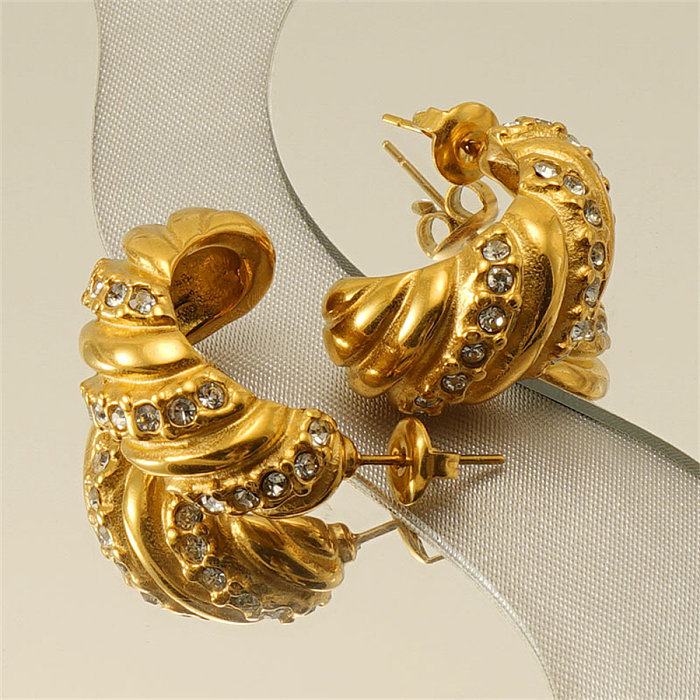 1 Pair Retro Simple Style C Shape Twist Plating Inlay Stainless Steel  Zircon 18K Gold Plated Ear Studs