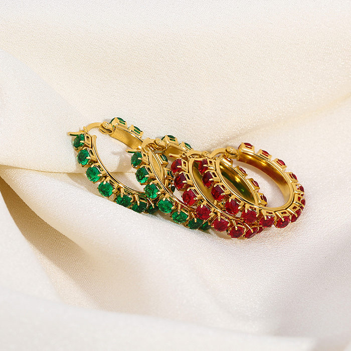 1 Paar elegante Damen-Ohrringe mit runder ovaler Beschichtung und Inlay aus Edelstahl mit Zirkon und 18 Karat Gold