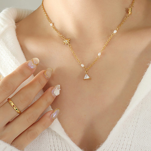 1 Piece Simple Style Triangle Stainless Steel Inlay Zircon Pendant Necklace
