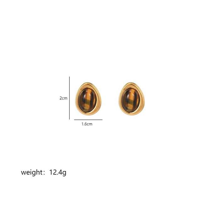 1 paire de clous d'oreilles plaqués or 18 carats, incrustation ovale artistique classique en acier inoxydable, pierre naturelle