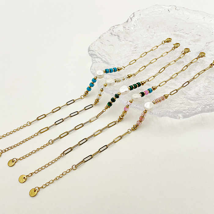 Elegante estilo vintage colorido imitação de aço inoxidável pérola pedra natural banhado a ouro pulseiras