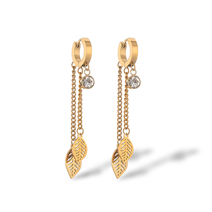 1 Pair IG Style Simple Style Leaf Tree Plating Hollow Out Inlay Stainless Steel Zircon 18K Gold Plated Drop Earrings