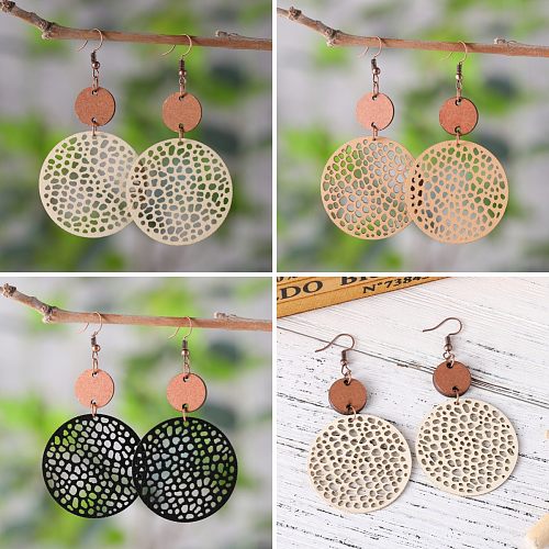 1 Pair Ethnic Style Round Patchwork Hollow Out Stainless Steel  Wood Drop Earrings