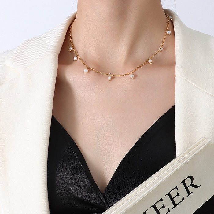 Wholesale Simple Stainless Steel Gold Plated Pearl Necklace jewelry