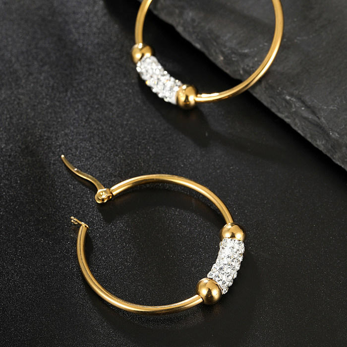 1 Pair Modern Style Shiny Circle Stainless Steel  Plating Inlay Rhinestones 18K Gold Plated Hoop Earrings