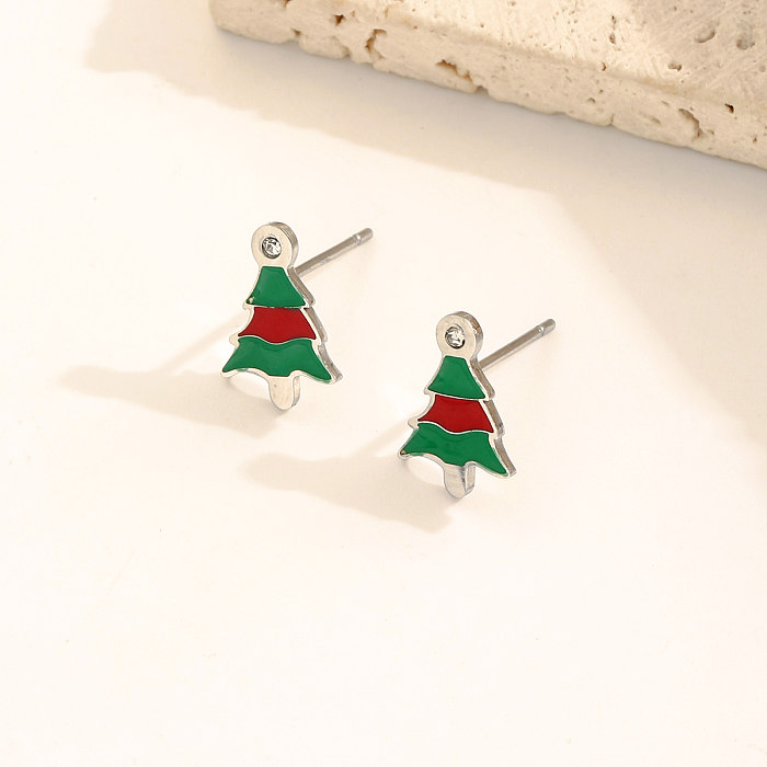 1 par de brincos de orelha de zircônia de aço inoxidável com esmalte de árvore de Natal estilo clássico fofo