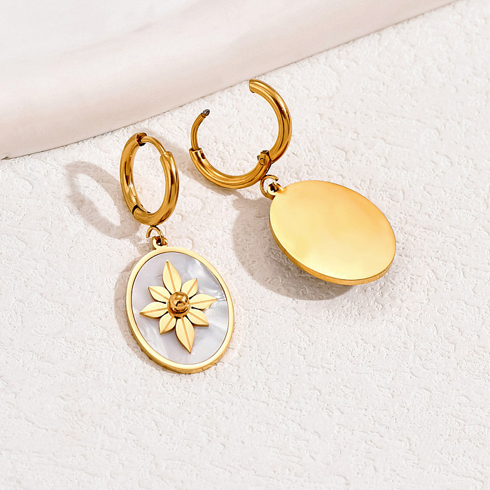1 Pair Retro French Style Flower Plating Inlay Stainless Steel  Shell 18K Gold Plated Drop Earrings