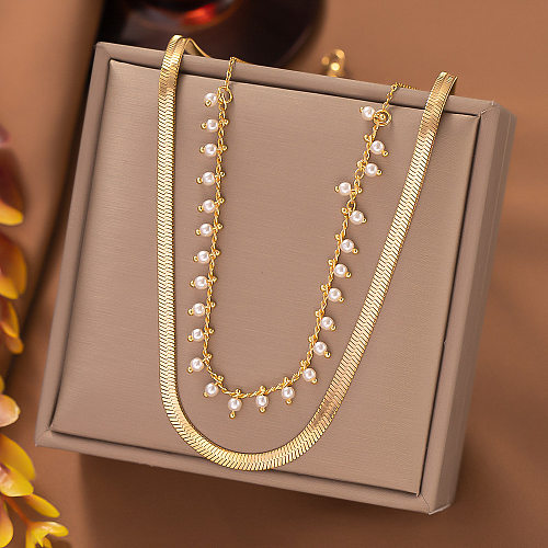 Colliers superposés en acier inoxydable avec perles d'imitation de couleur unie, style simple