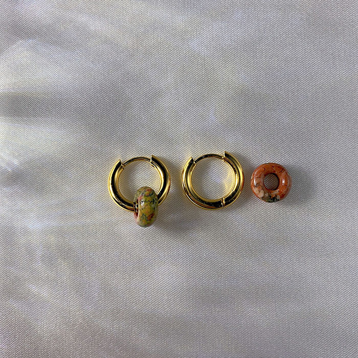 1 paire de boucles d'oreilles rondes élégantes en acier inoxydable plaqué pierre naturelle, plaqué or 18 carats