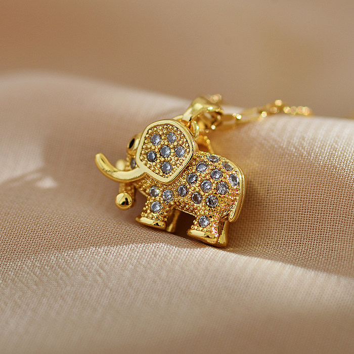 Cute Elephant Stainless Steel Copper Plating Inlay Zircon Gold Plated Pendant Necklace
