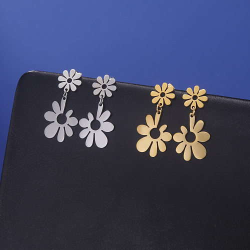 1 par de pendientes colgantes de acero inoxidable chapados en flores de estilo simple