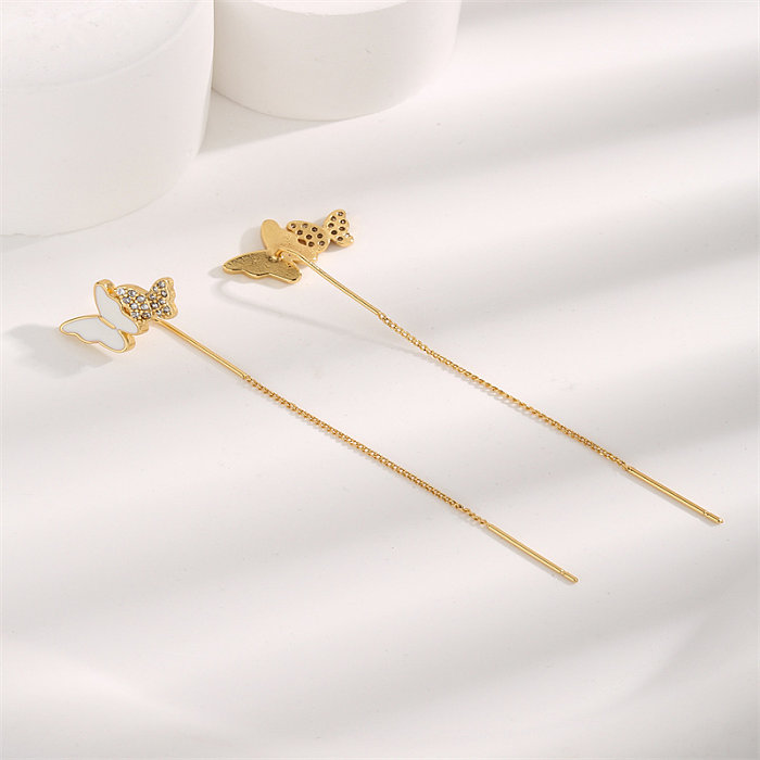 Boucles d'oreilles pendantes Style féerique, 1 paire, incrustation de papillon doux, en acier inoxydable, Zircon plaqué or 18 carats