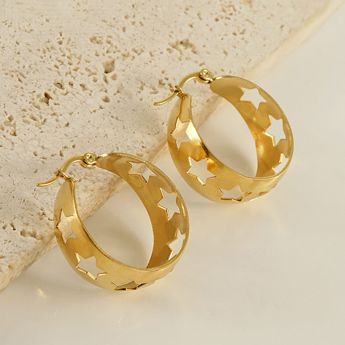 1 Pair Retro Star Hollow Out Stainless Steel  18K Gold Plated Hoop Earrings