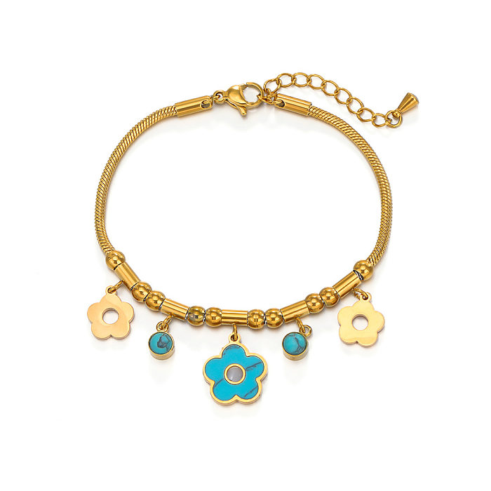 Retro Four Leaf Clover Eye Flower Stainless Steel Gold Plated Turquoise Bracelets