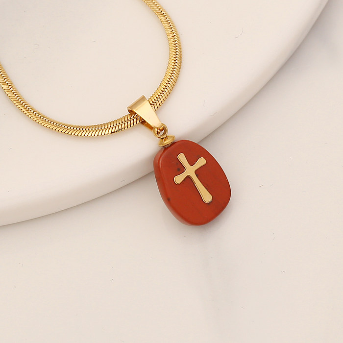 1 Stück modische Halskette mit Kreuz-Anhänger aus Edelstahl und Naturstein