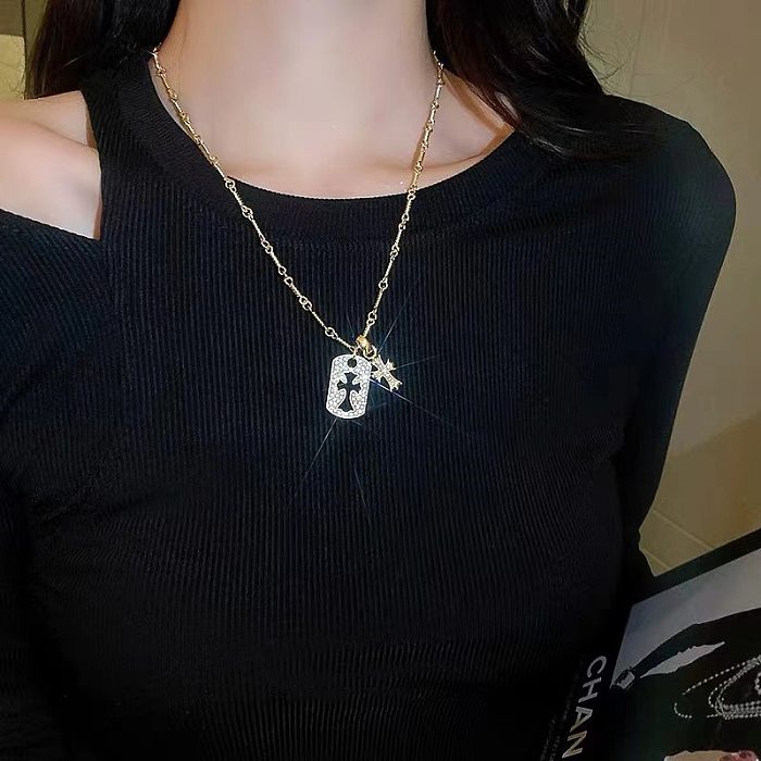 Streetwear Cross Stainless Steel Plating Inlay Artificial Diamond Pendant Necklace