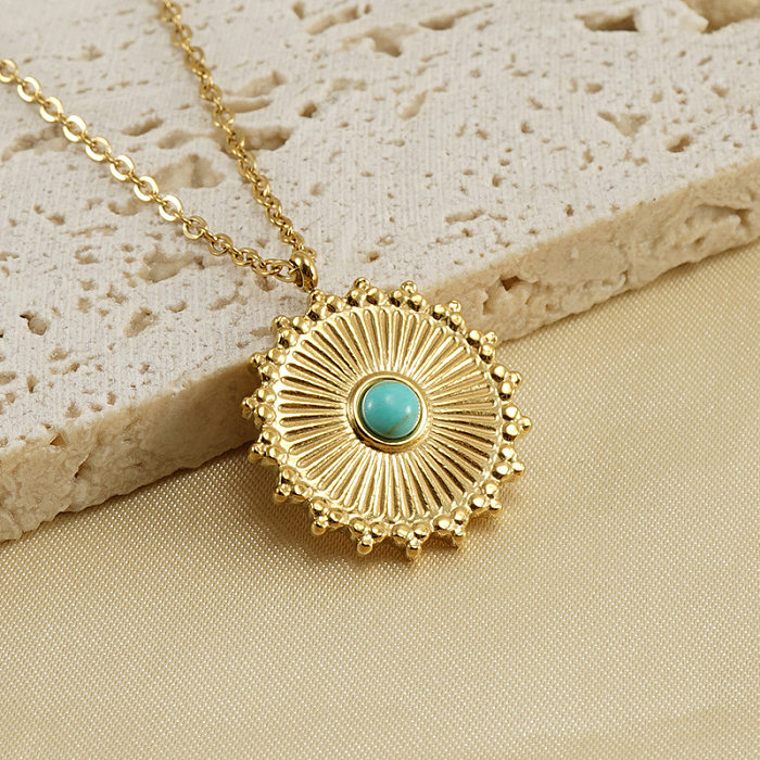 Retro Round Stainless Steel  Inlay Turquoise Pendant Necklace 1 Piece