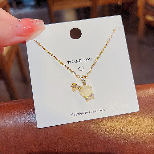 Fashion Rabbit Stainless Steel Inlay Opal Zircon Pendant Necklace 1 Piece