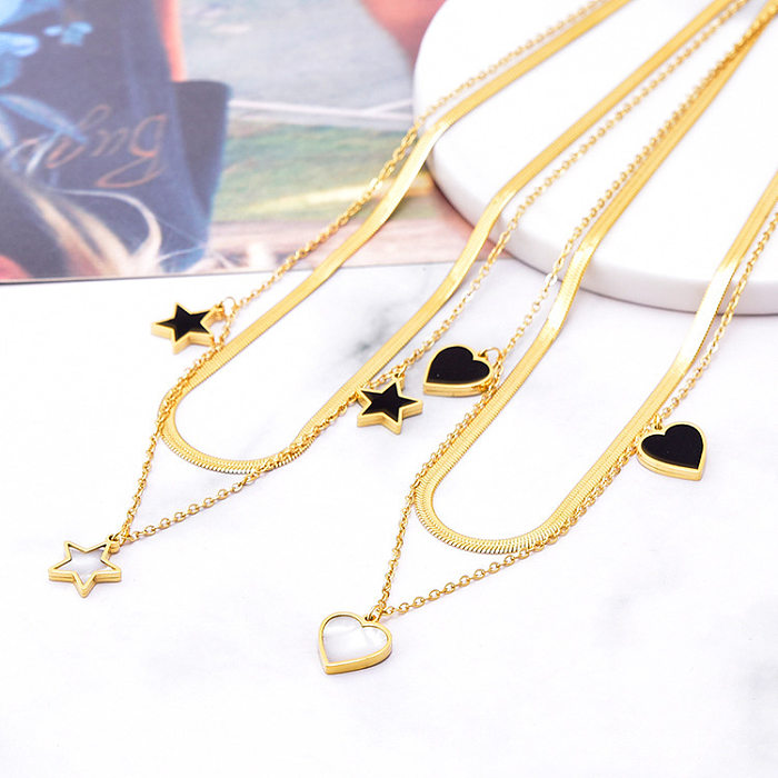 Sweet Heart Shape Butterfly Stainless Steel Inlay Shell Layered Necklaces