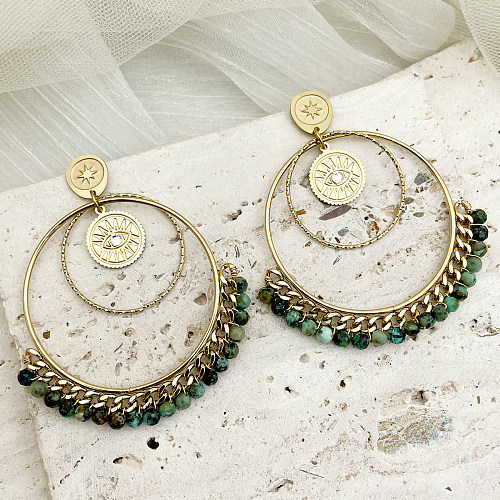1 Paar klassische Kreis-Teufelsauge-Ohrringe aus Edelstahl mit Naturstein-Strasssteinen, 14 Karat vergoldet