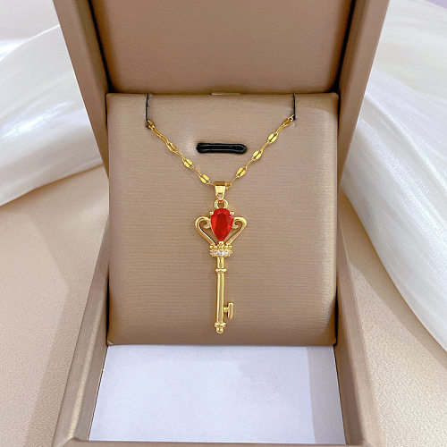 Königin-Kronen-Schlüssel-Halskette mit Anhänger aus Edelstahl, Kupfer-Inlay und Zirkon