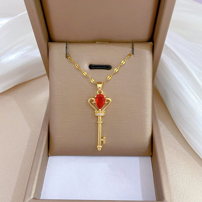 Queen Crown Key Stainless Steel  Copper Inlay Zircon Pendant Necklace