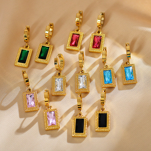 1 Pair Elegant French Style Rectangle Inlay Stainless Steel  Zircon Drop Earrings