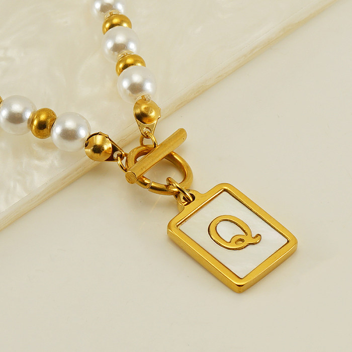 Elegante Halskette mit Buchstaben-Anhänger im französischen Stil, Edelstahl, Perlmutt-Inlay, Muschel, 18 Karat vergoldet