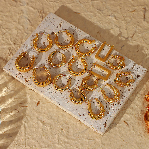 Novos brincos de argola de aço inoxidável banhados a ouro croissant torcido
