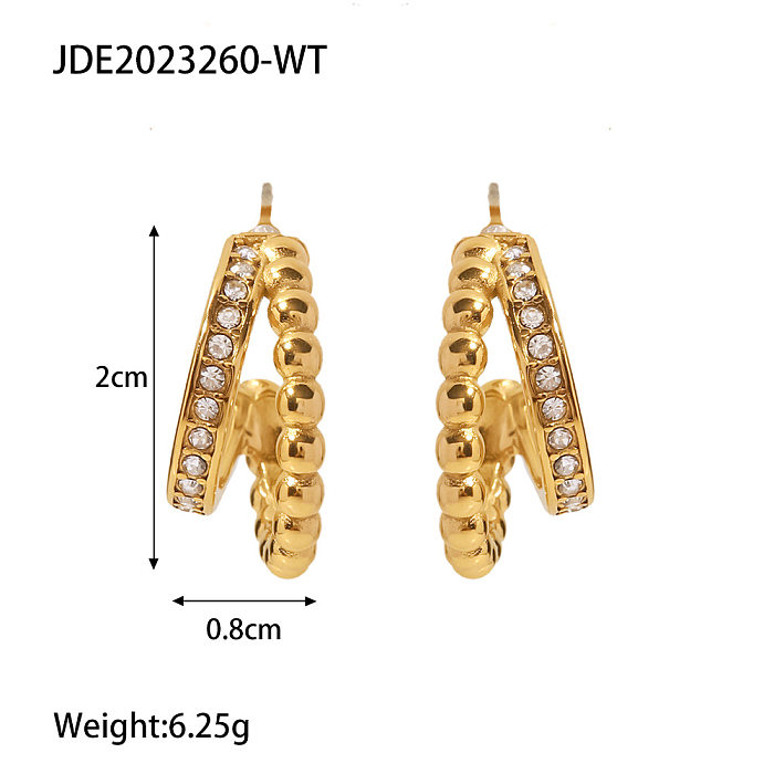 Fashion C Shape Stainless Steel  Inlay Artificial Diamond Hoop Earrings 1 Pair