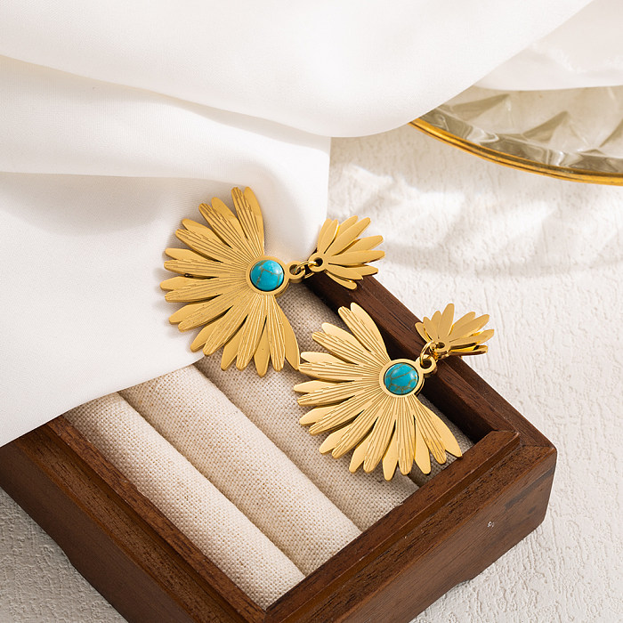 1 Paar übertriebene, künstlerische, runde, dreidimensionale, ausgehöhlte, türkisfarbene Zirkon-Ohrringe aus Edelstahl mit 18-Karat-Vergoldung