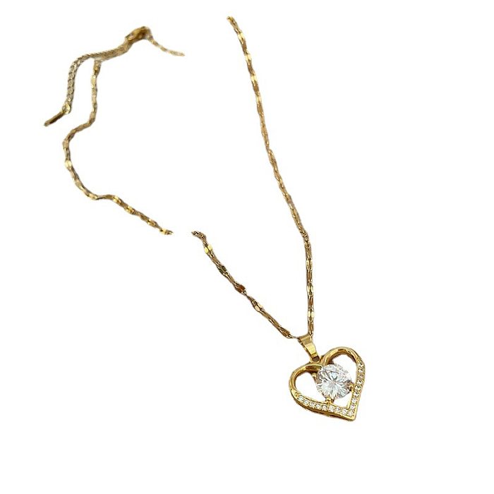 Fashion Heart Shape Stainless Steel Copper Inlay Zircon Pendant Necklace