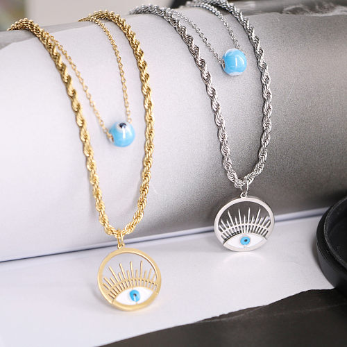 Casual Simple Style Devil'S Eye Stainless Steel Enamel Plating Hollow Out Layered Necklaces