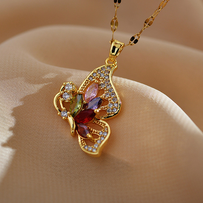 Elegante, schlichte Schmetterlings-Halskette mit Anhänger aus Edelstahl, Kupfer-Inlay und Zirkon
