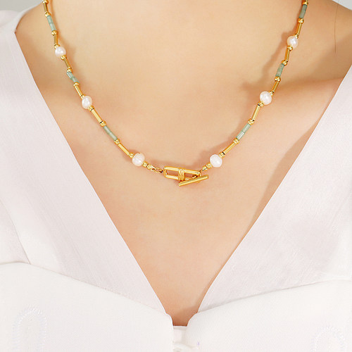 Modische geometrische Perlenkette aus Naturstein mit Edelstahlbeschichtung