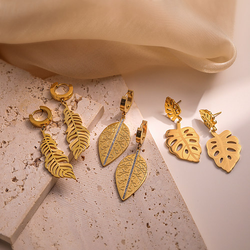 1 Pair Retro Simple Style Leaf Plating Inlay Stainless Steel Zircon 18K Gold Plated Drop Earrings