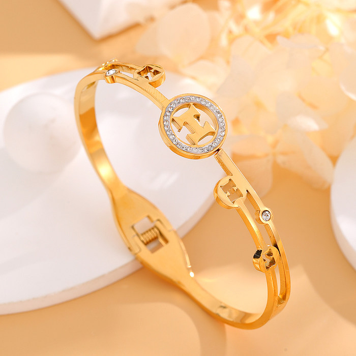 Elegant Cute Shiny Letter Titanium Steel Plating Crystal Rhinestones Zircon 18K Gold Plated Bangle