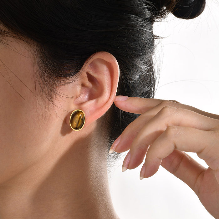 1 Pair Vintage Style Round Plating Inlay Stainless Steel  Tiger Eye Shell 18K Gold Plated Ear Studs
