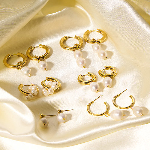 1 par de pendientes chapados en oro con perlas de agua dulce de acero inoxidable con revestimiento geométrico para mujer